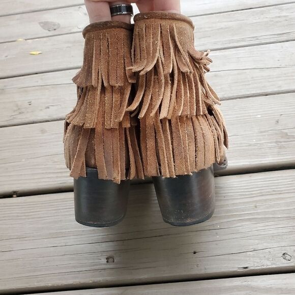 Freebird by Steven Distressed Whiskey Brown Suede Leather Fringe Buckle Booties - Picture 5 of 9